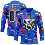Custom Thunder Blue Black Red Yellow-White 3D Pattern Lightning Hockey Lace Neck Jersey