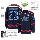 Custom Navy US Navy Blue Red-White 3D Pattern Plaid Hockey Jersey