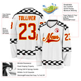 Custom White Red Gold-Black 3D Pattern Plaid Hockey Jersey