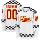 Custom White Red Gold-Black 3D Pattern Plaid Hockey Jersey