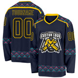 Custom Navy Black Yellow Pink-Ice Blue 3D Pattern Plaid Hockey Jersey