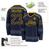 Custom Navy Black Yellow Pink-Ice Blue 3D Pattern Plaid Hockey Jersey