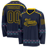 Custom Navy Black Yellow Pink-Ice Blue 3D Pattern Plaid Hockey Jersey