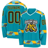 Custom Teal Black Yellow Gray-White 3D Pattern Plaid Hockey Jersey