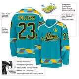 Custom Teal Black Yellow Gray-White 3D Pattern Plaid Hockey Jersey