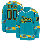 Custom Teal Black Yellow Gray-White 3D Pattern Plaid Hockey Jersey
