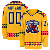 Custom Gold Navy Pink Black-White 3D Pattern Plaid Hockey Jersey
