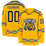 Custom Gold Black Navy Aqua Pink-White 3D Pattern Plaid Hockey Jersey