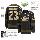 Custom Black Old Gold-White 3D Pattern Plaid Hockey Jersey