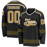 Custom Black Old Gold-White 3D Pattern Plaid Hockey Jersey