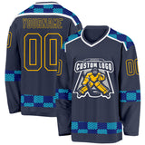 Custom Navy Blue Gold-White 3D Pattern Plaid Hockey Jersey