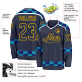 Custom Navy Blue Gold-White 3D Pattern Plaid Hockey Jersey