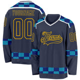 Custom Navy Blue Gold-White 3D Pattern Plaid Hockey Jersey