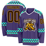 Custom Purple Brown Gold Blue Light Yellow-White 3D Pattern Plaid Hockey Jersey