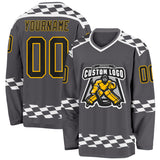 Custom Steel Gray Black Gold-White 3D Pattern Plaid Hockey Jersey