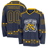 Custom Navy Gold 3D Pattern Plaid Hockey Jersey