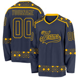 Custom Navy Gold 3D Pattern Plaid Hockey Jersey