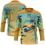 Custom Old Gold Blue-Texas Orange 3D Pattern Gradient Hawaii Tropical Palm Trees Hockey Lace Neck Jersey