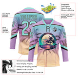 Custom Light Purple Ice Blue-Brown 3D Pattern Gradient Hawaii Tropical Palm Trees Hockey Lace Neck Jersey
