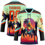 Custom Black Orange Ice Blue-Brown 3D Pattern Gradient Hawaii Tropical Palm Trees Hockey Lace Neck Jersey