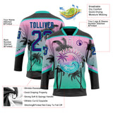Custom Black Purple Pink-Aqua 3D Pattern Gradient Hawaii Tropical Palm Trees Hockey Lace Neck Jersey