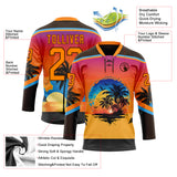 Custom Brown Bay Orange Yellow-Sky Blue 3D Pattern Gradient Hawaii Tropical Palm Trees Hockey Lace Neck Jersey