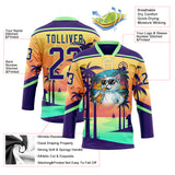 Custom Purple Yellow-Pea Green 3D Pattern Gradient Hawaii Tropical Palm Trees Hockey Lace Neck Jersey