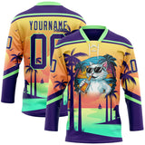 Custom Purple Yellow-Pea Green 3D Pattern Gradient Hawaii Tropical Palm Trees Hockey Lace Neck Jersey