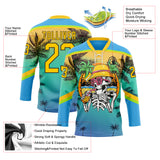 Custom Sky Blue Yellow Green-Black 3D Pattern Gradient Hawaii Tropical Palm Trees Hockey Lace Neck Jersey