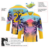 Custom Yellow Blue Purple-Black 3D Pattern Gradient Hawaii Tropical Palm Trees Hockey Lace Neck Jersey