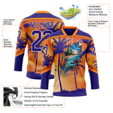 Custom Dark Purple Orange-White 3D Pattern Gradient Hawaii Tropical Palm Trees Hockey Lace Neck Jersey
