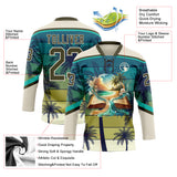 Custom Cream Olive-Blue 3D Pattern Gradient Hawaii Tropical Palm Trees Hockey Lace Neck Jersey