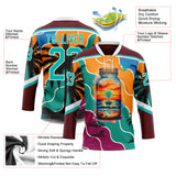 Custom Burgundy Aqua Orange Blue-White 3D Pattern Gradient Hawaii Tropical Palm Trees Hockey Lace Neck Jersey