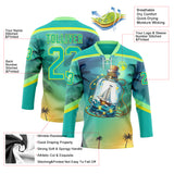 Custom Aqua Neon Yellow-Pea Green 3D Pattern Gradient Hawaii Tropical Palm Trees Hockey Lace Neck Jersey