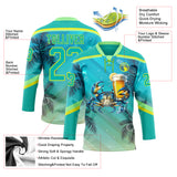 Custom Aqua Neon Yellow-Pea Green 3D Pattern Gradient Hawaii Tropical Palm Trees Hockey Lace Neck Jersey