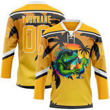 Custom Gold Black-White 3D Pattern Gradient Hawaii Tropical Palm Trees Hockey Lace Neck Jersey