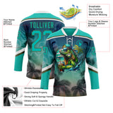Custom Aqua Blue Olive-White 3D Pattern Gradient Hawaii Tropical Palm Trees Hockey Lace Neck Jersey