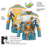 Custom Shadow Blue Gold Bay Orange-White 3D Pattern Hawaii Tropical Palm Trees Hockey Lace Neck Jersey