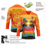 Custom Orange Gold Blue-Brown 3D Pattern Gradient Hawaii Tropical Palm Trees Hockey Lace Neck Jersey