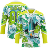 Custom Neon Yellow Neon Green Dark Purple-White 3D Pattern Hawaii Tropical Palm Trees Hockey Lace Neck Jersey