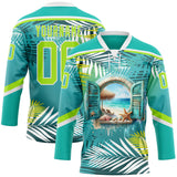 Custom Aqua Neon Green-White 3D Pattern Hawaii Tropical Palm Trees Hockey Lace Neck Jersey