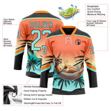 Custom Black Ice Blue-Orange 3D Pattern Gradient Hawaii Tropical Palm Trees Hockey Lace Neck Jersey