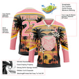 Custom Medium Pink Cream Yellow-Black 3D Pattern Gradient Hawaii Tropical Palm Trees Hockey Lace Neck Jersey
