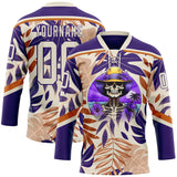 Custom Purple Cream-Texas Orange 3D Pattern Hawaii Tropical Palm Trees Hockey Lace Neck Jersey