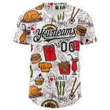 Custom White Black 3D Pattern Design Foodie Fast Food Doodles Authentic Baseball Jersey