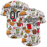 Custom White Black 3D Pattern Design Foodie Fast Food Doodles Authentic Baseball Jersey