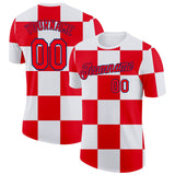 Custom White Fire Red-US Navy Blue Croatia Plaid Performance T-Shirt