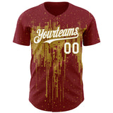 Custom Crimson White-Old Gold 3D Pattern Design Dripping Splatter Paint Authentic Baseball Jersey