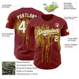 Custom Crimson White-Old Gold 3D Pattern Design Dripping Splatter Paint Authentic Baseball Jersey