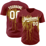 Custom Crimson White-Old Gold 3D Pattern Design Dripping Splatter Paint Authentic Baseball Jersey